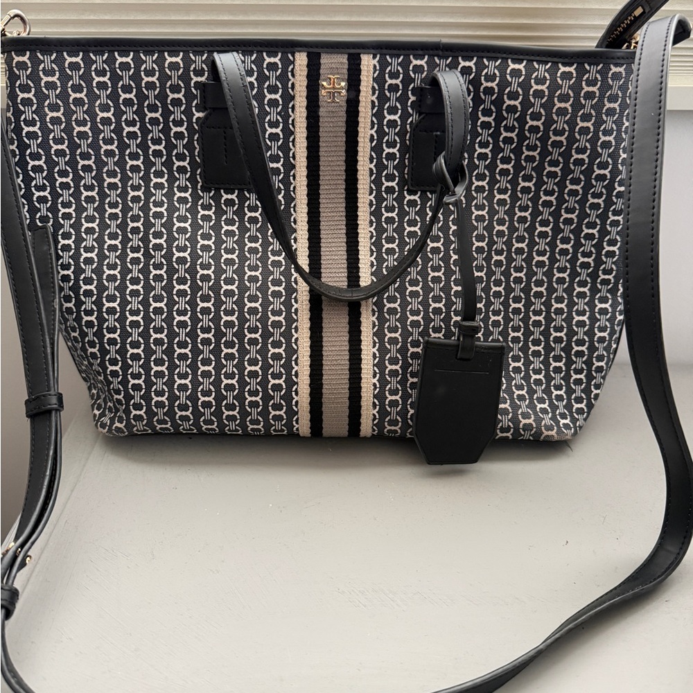 Tory Burch Navy and Beige Patterned Stripe Tote